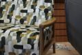 retro fireside chair, wooden frame accent chair, geometric pattern fabric accent chair