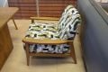 retro fireside chair, wooden frame accent chair, geometric pattern fabric accent chair
