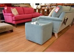Side Table Cube with Glass Top in Blue Velvet Fabric