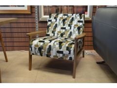 retro fireside chair, wooden frame accent chair, geometric pattern fabric accent chair