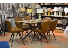 Saddler Ceramic Dining Table and Six Brown Leather Chairs