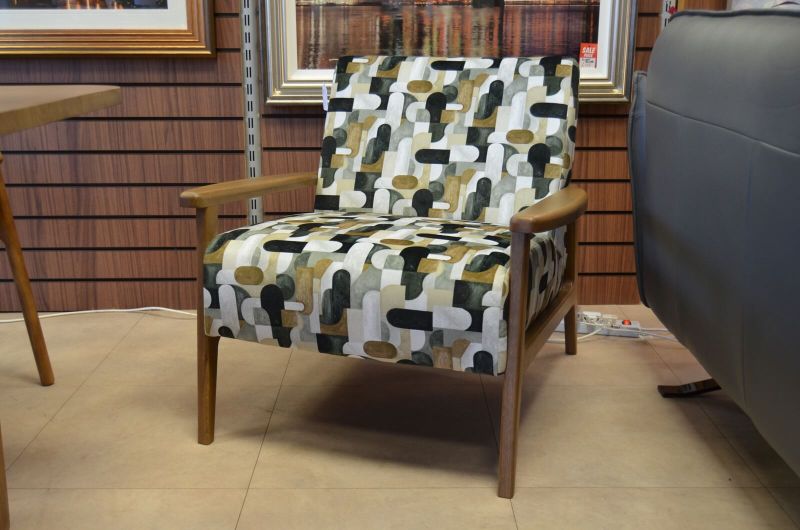 retro fireside chair, wooden frame accent chair, geometric pattern fabric accent chair