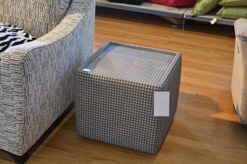 Side Table Cube with Glass Top in Houndstooth Fabric