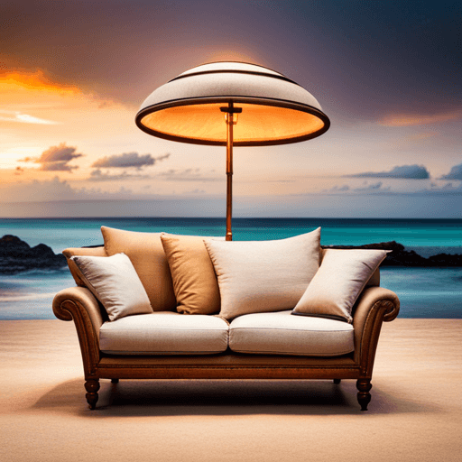 A surreal photo of a sofa on the beach
