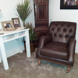 photo of Mary's new Westbridge armchair and Collins and Hayes Sofa in Lancashire