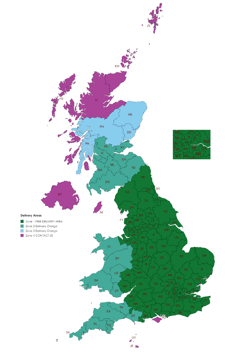 Map showing delivery charges for different areas - if you can't see this please contact the showroom on 01254824237 or email us