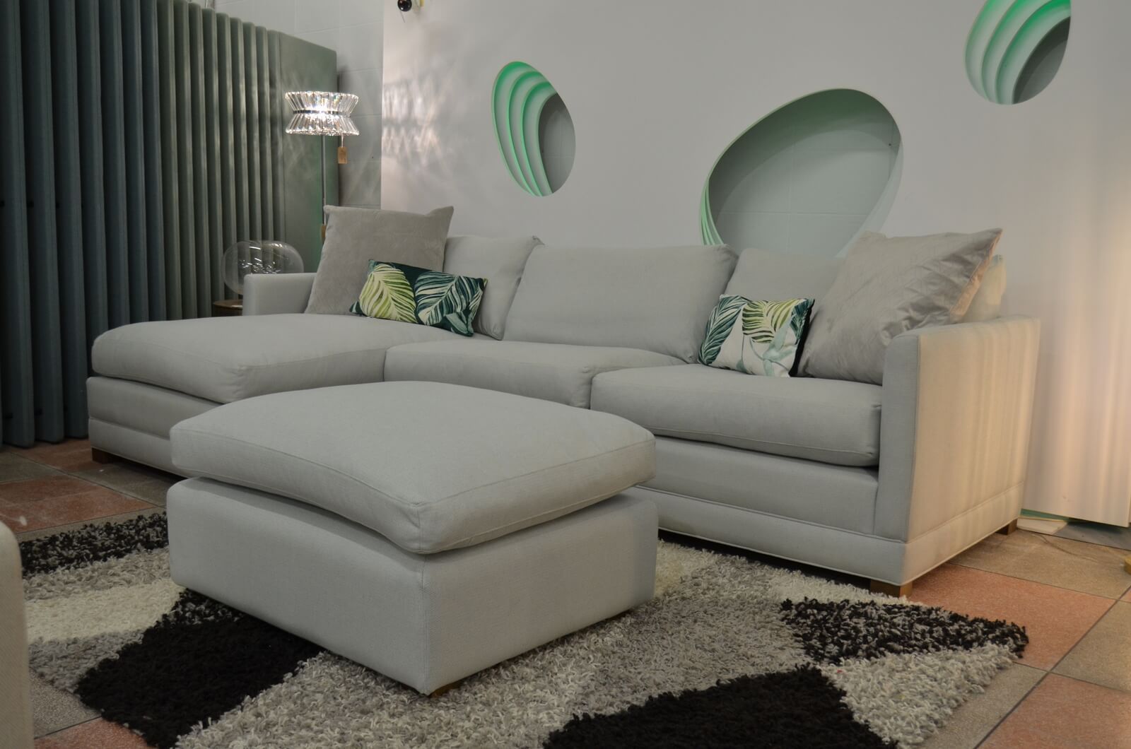Aissa Large Chaise Sofa in Blue House Basket Weave Fabric