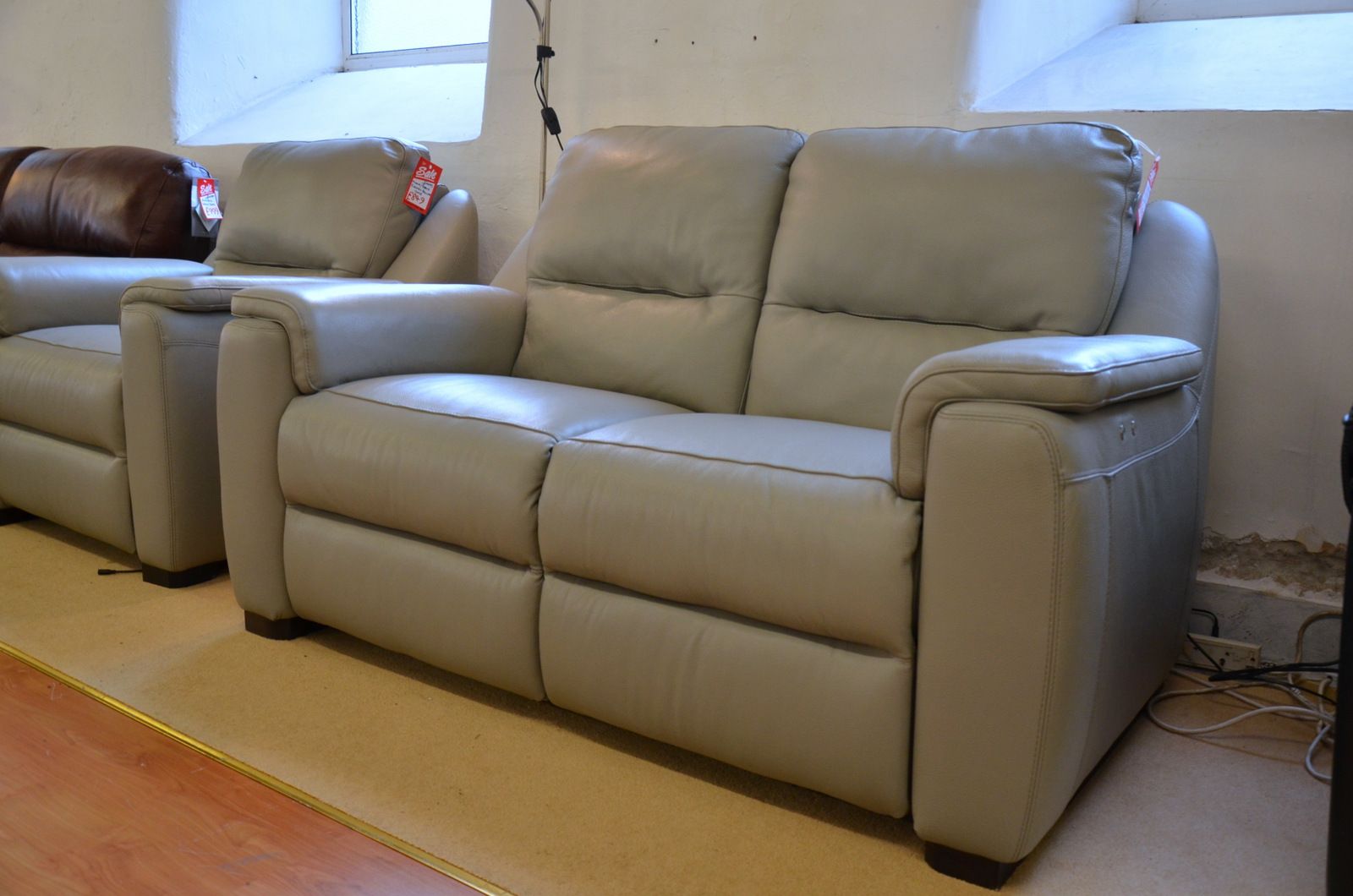 Strauss Grey Leather Recliner Sofa Three Piece Suite