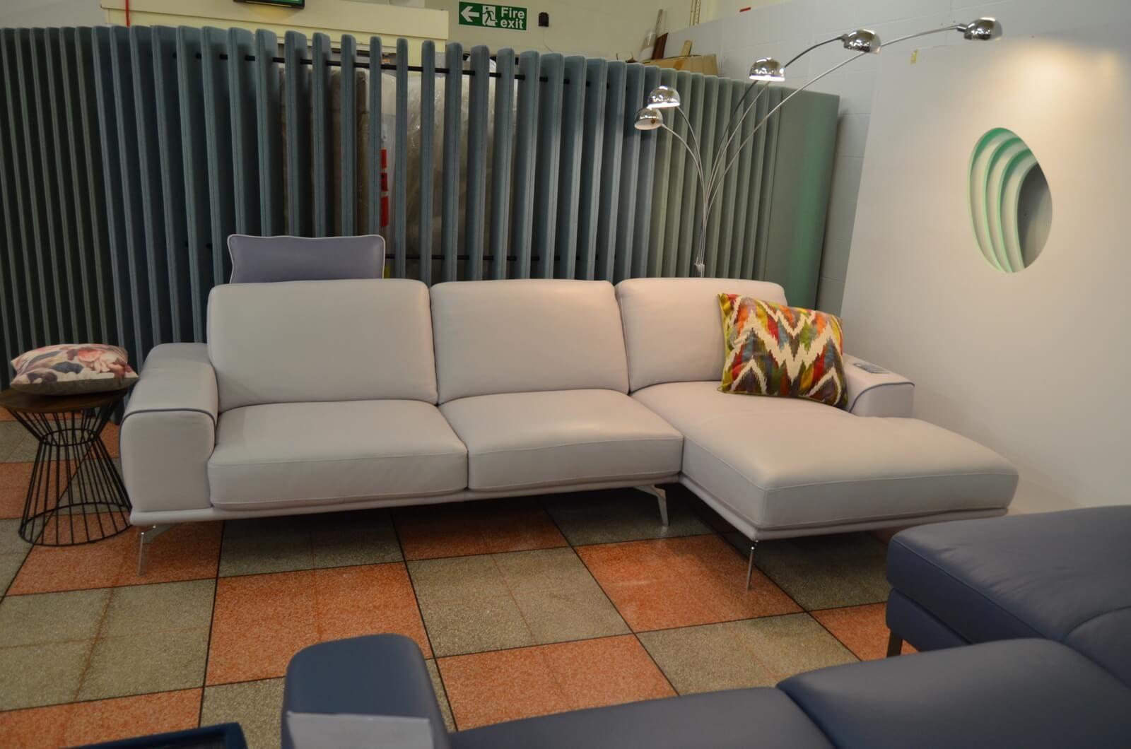Belgravia Chaise Corner Sofa in Pale Blue Italian Leather with Contrast Trim Made in Italy
