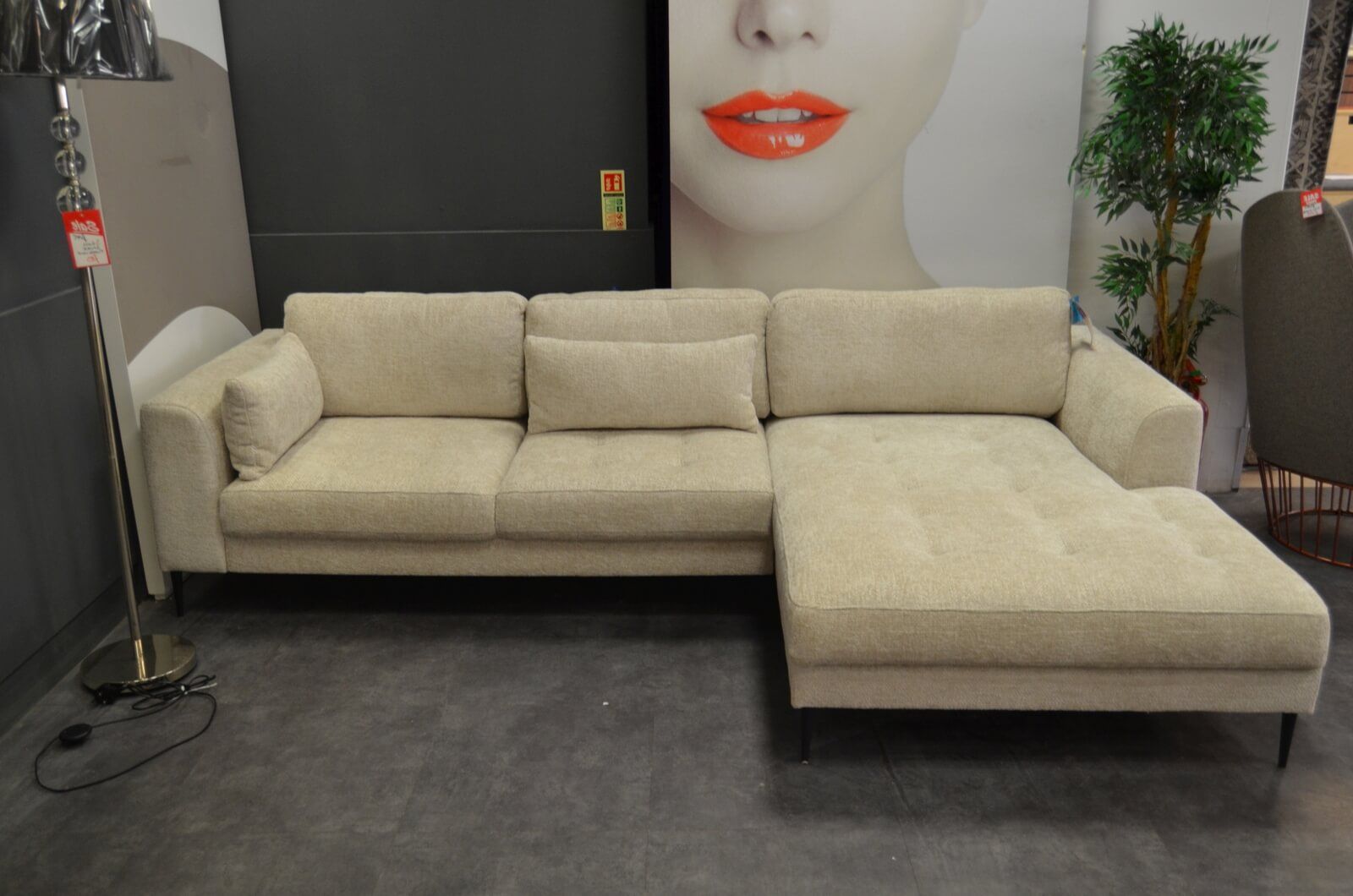 Brinscall Right Hand Chaise Sofa Bed with Lift Up Storage and Fold Flat Design in Beige Fabric