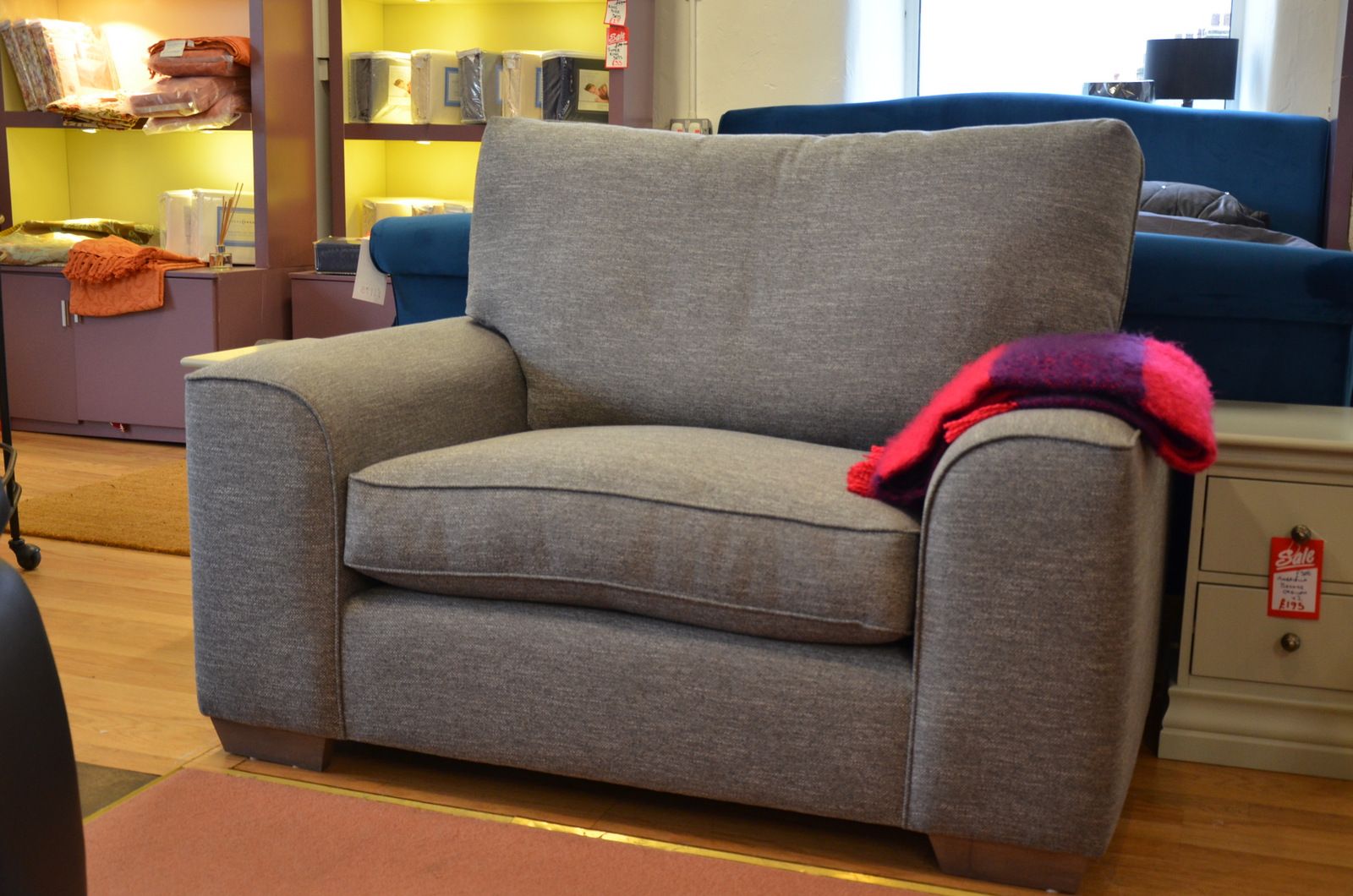 dexter large armchair loveseat snuggler in grey fabric