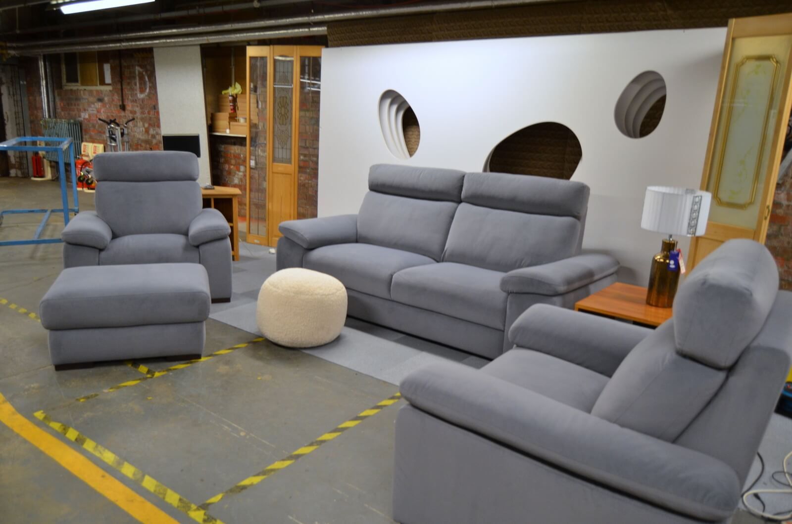 Keswick Large Sofa and Two Armchairs with Footstool in Grey Faux Suede Fabric