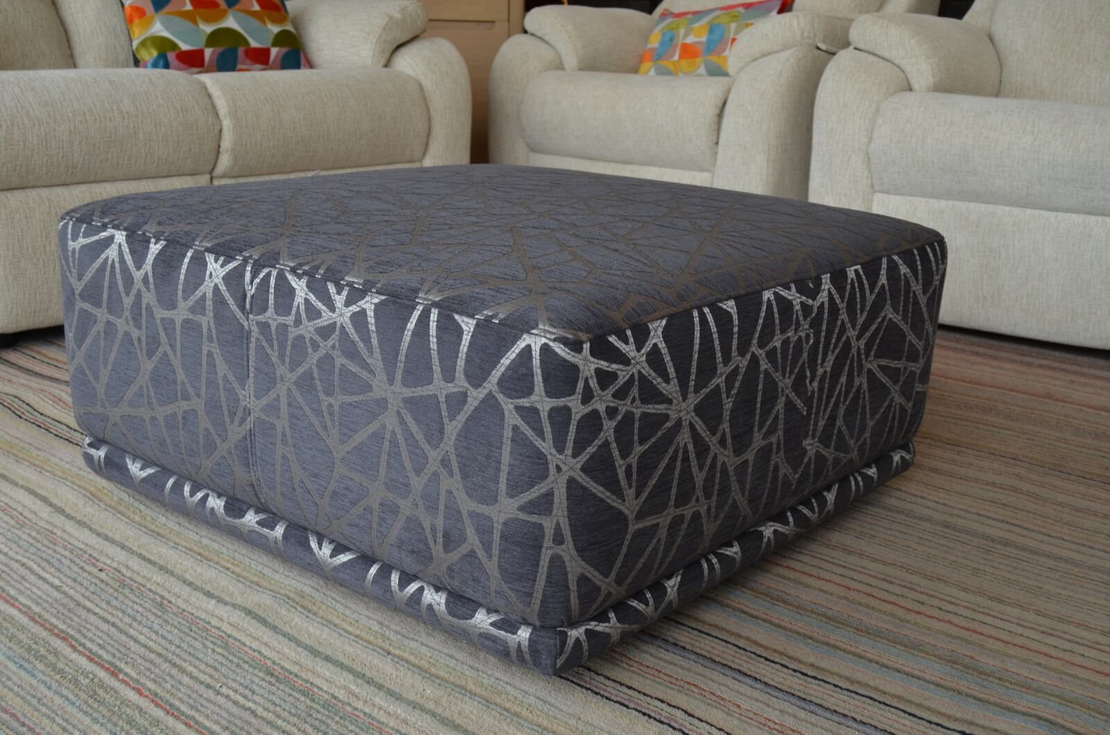 Fusion Square Footstool in Blue and Silver Fabric