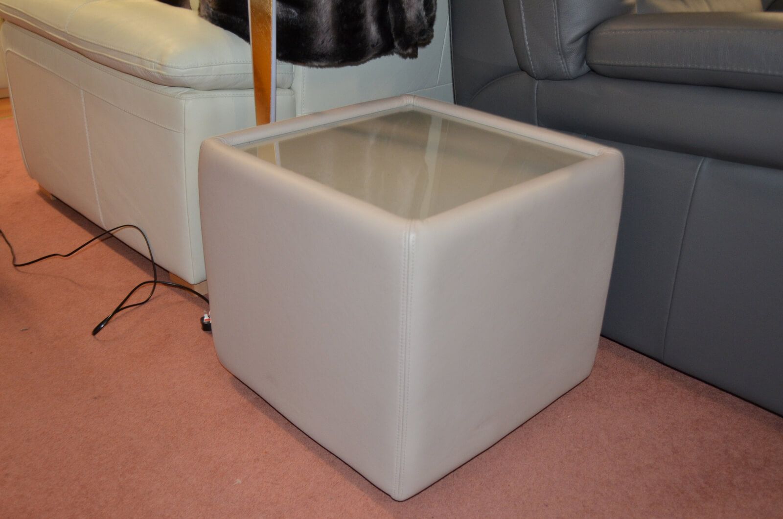 Side Table Cube with Glass Top in Beige Leather