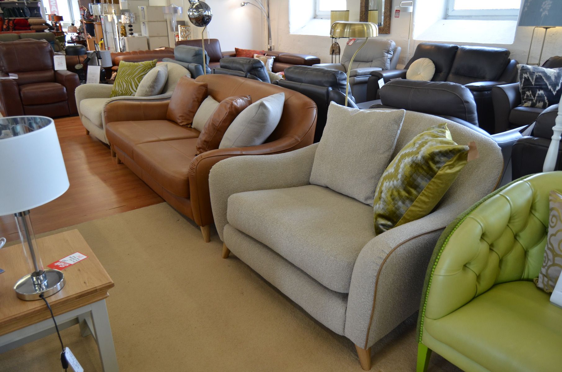 Lazy Three Piece Suite in Tan Leather and Boucl Fabric Large 3 Seater Sofa and 2 Snuggler Chairs