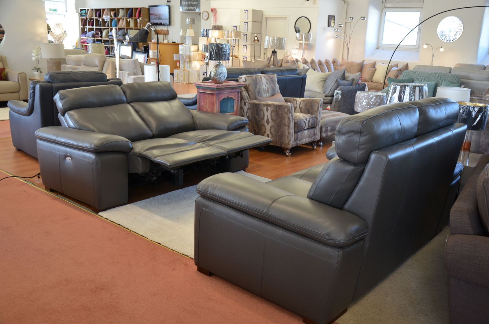 Merlino Two Piece Leather Suite 2 Seater Sofa And Electric Recliner Italian Grey