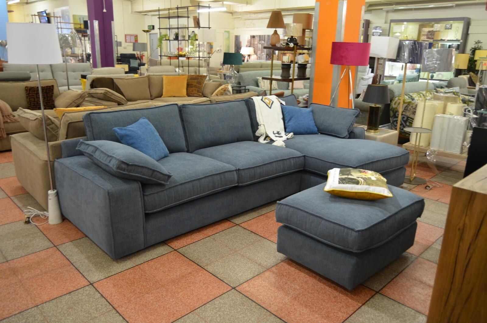 Whitemeadow Michigan Large Chaise Sofa in Soft Blue Cotton Slub