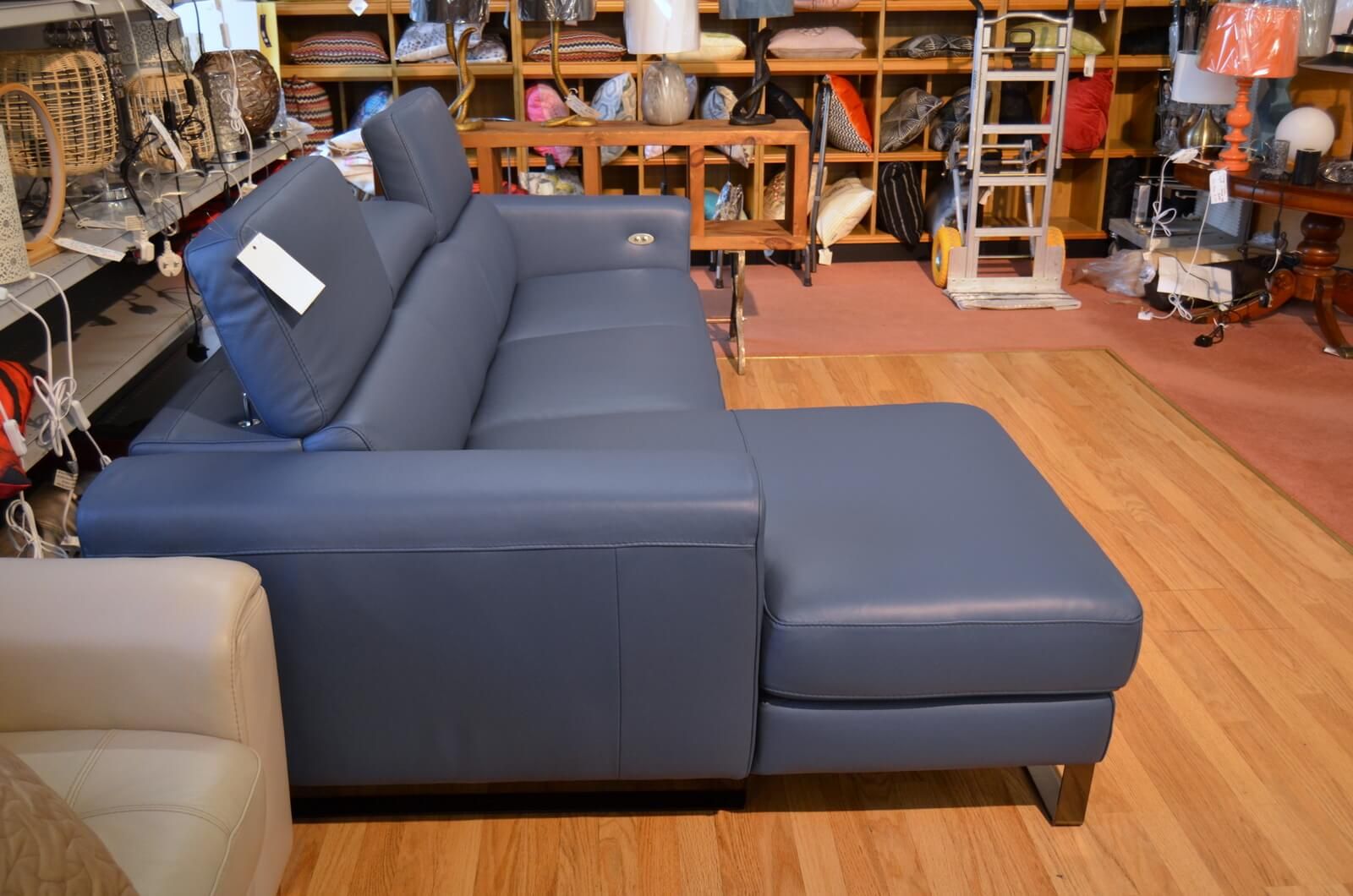 Philo Corner Sofa Chaise with Electric Power Recliner in Blue Italian Leather