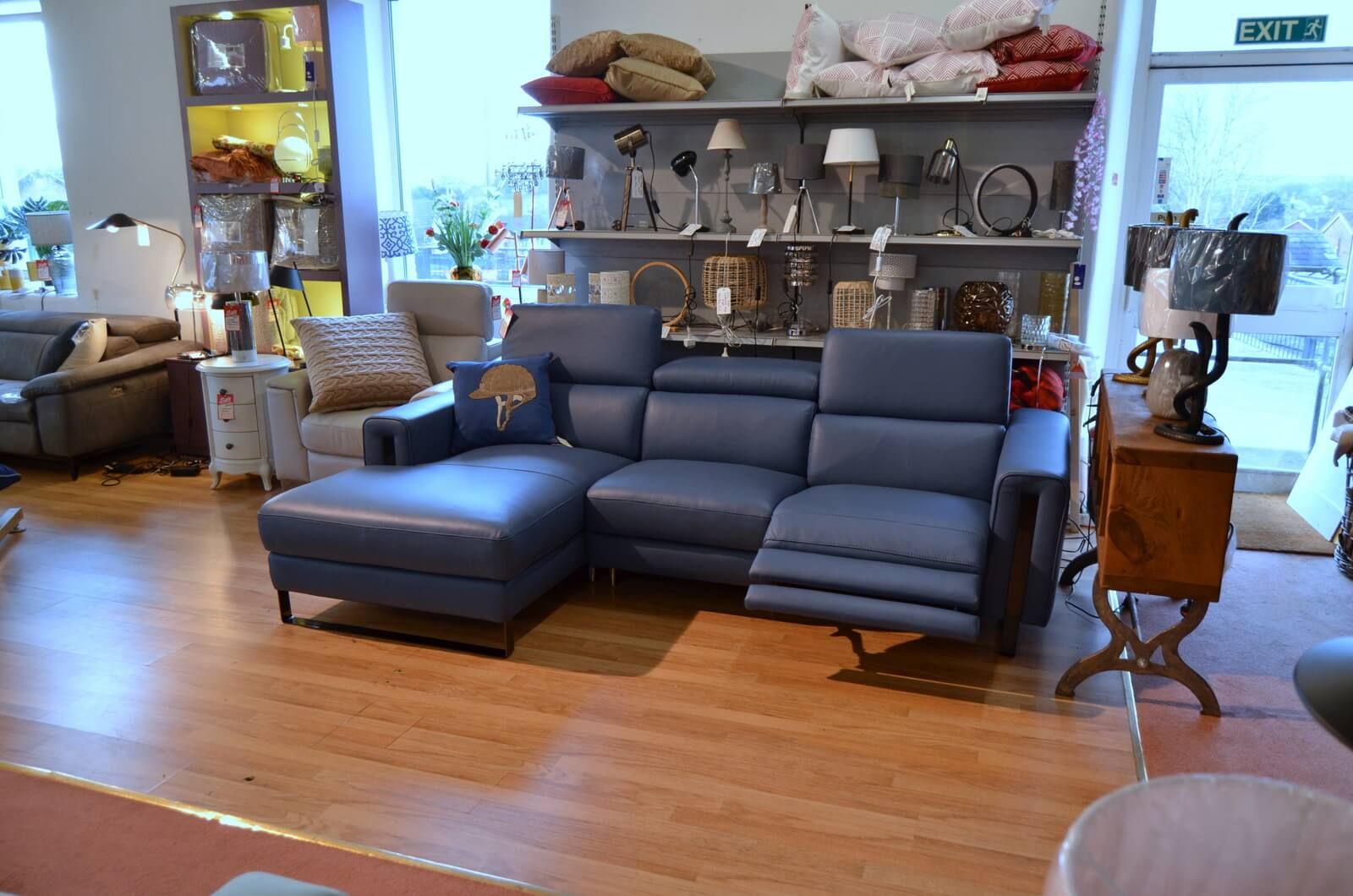 Philo Corner Sofa Chaise with Electric Power Recliner in Blue Italian Leather