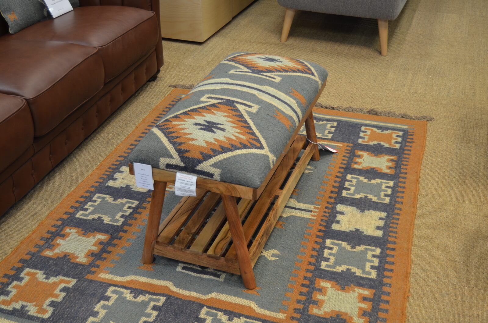 Kilim Cushion Top Bench with Storage Shelf