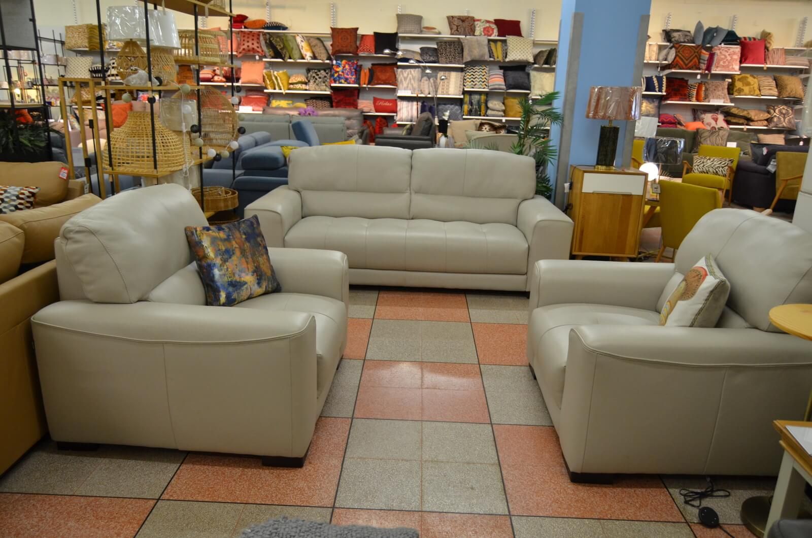 Arena Three seater Sofa and Two Matching Armchairs in Pale Grey Leather