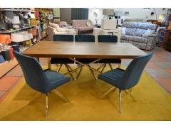 discount designer dining furniture modern rustic dining table and six dining chairs in teal fabric furniture outlet shop Chorley Lancashire near Doorway to Value
