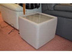 Side Table Cube with Glass Top in Beige Leather