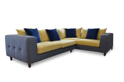 odd looking prototype corner sofa in blue and yellow velvet - what were Whitemeadow thinking? We may never know...