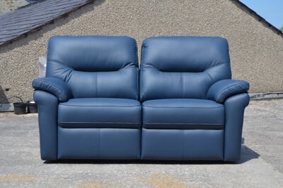 a half price G Plan leather sofa on display outside our discount sofa showroom in Lancashire